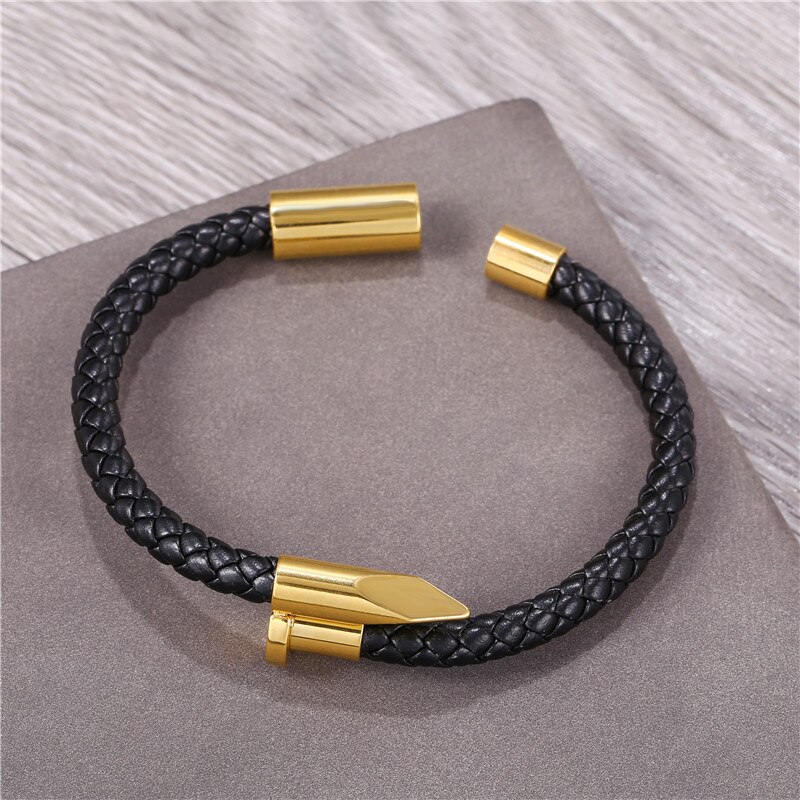 Nagel Vorm Bedels Gevlochten Zwart Lederen Armband Punk Mannen Sieraden Stainlee Stalen Metalen Sieraden