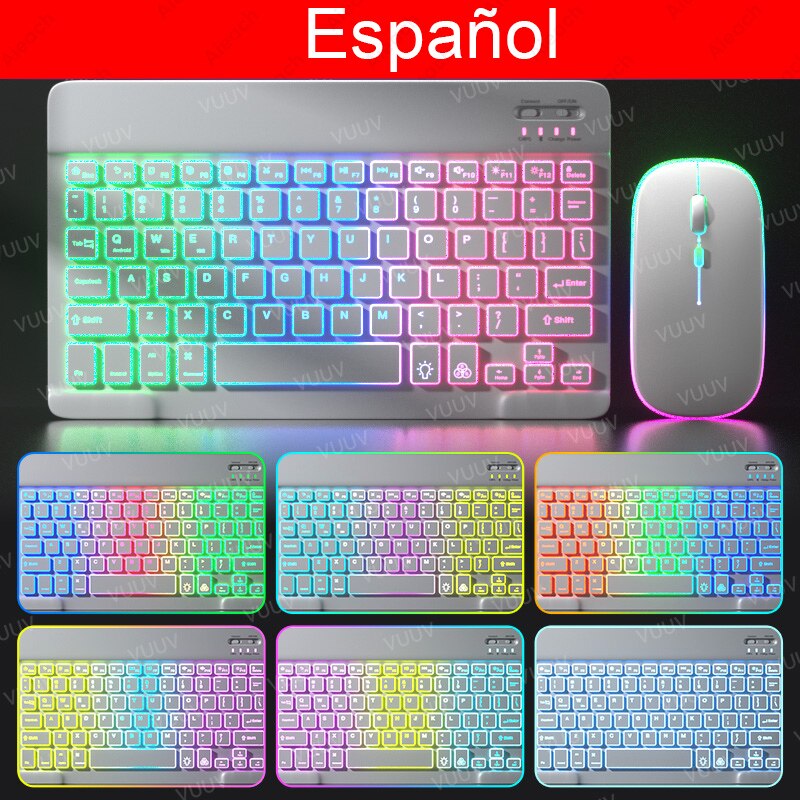 Bluetooth-compatible iPad Keyboard Mouse For iPad Pro 11 12.9 Air 4 7th 8th Rainbow Backlit Wireless Tablet Keyboard For Android: Spanish White