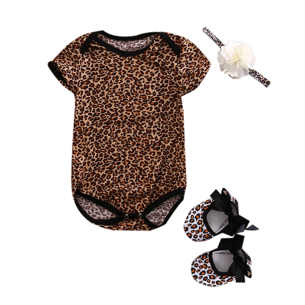 3 uds recién nacido Ropa para bebé (niño o niña) de manga corta de verano Floral leopardo mono diadema zapatos de: B / 3M