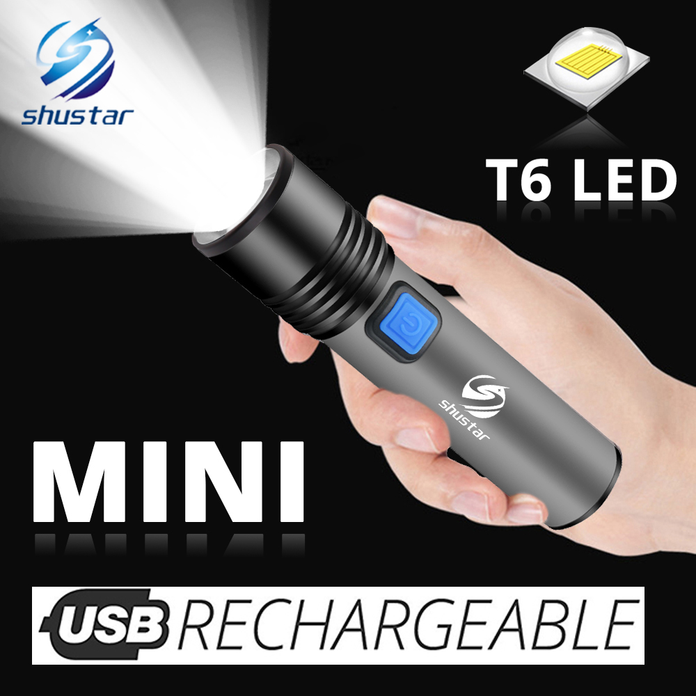 USB Oplaadbare LED Zaklamp Met T6 LED Ingebouwde 1200mAh lithium batterij Waterdicht camping light Zoomable Torch
