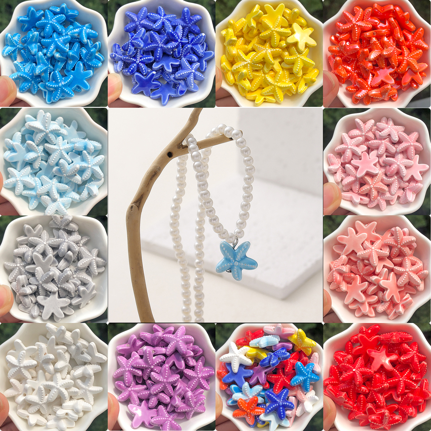 10 stk. søstjerneformede keramiske perler, 18mm farverige glaserede porcelænsperler, håndlavede til smykkefremstilling, gør-det-selv vedhæng, håndværk og tilbehør.