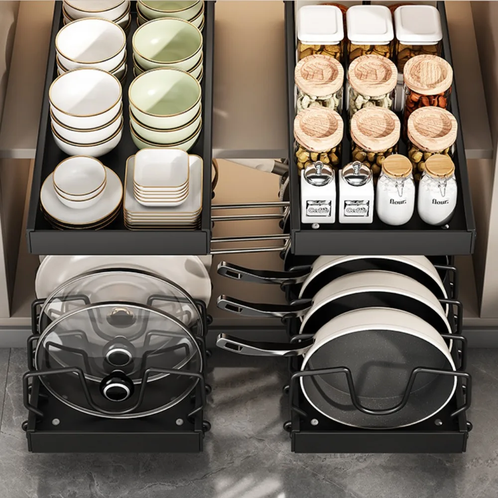 Estante extraíble para ollas de cocina, bandejas ajustables para armario, estante de partición para platos con rieles deslizantes, bandeja organizadora, estantes de almacenamiento para cajones