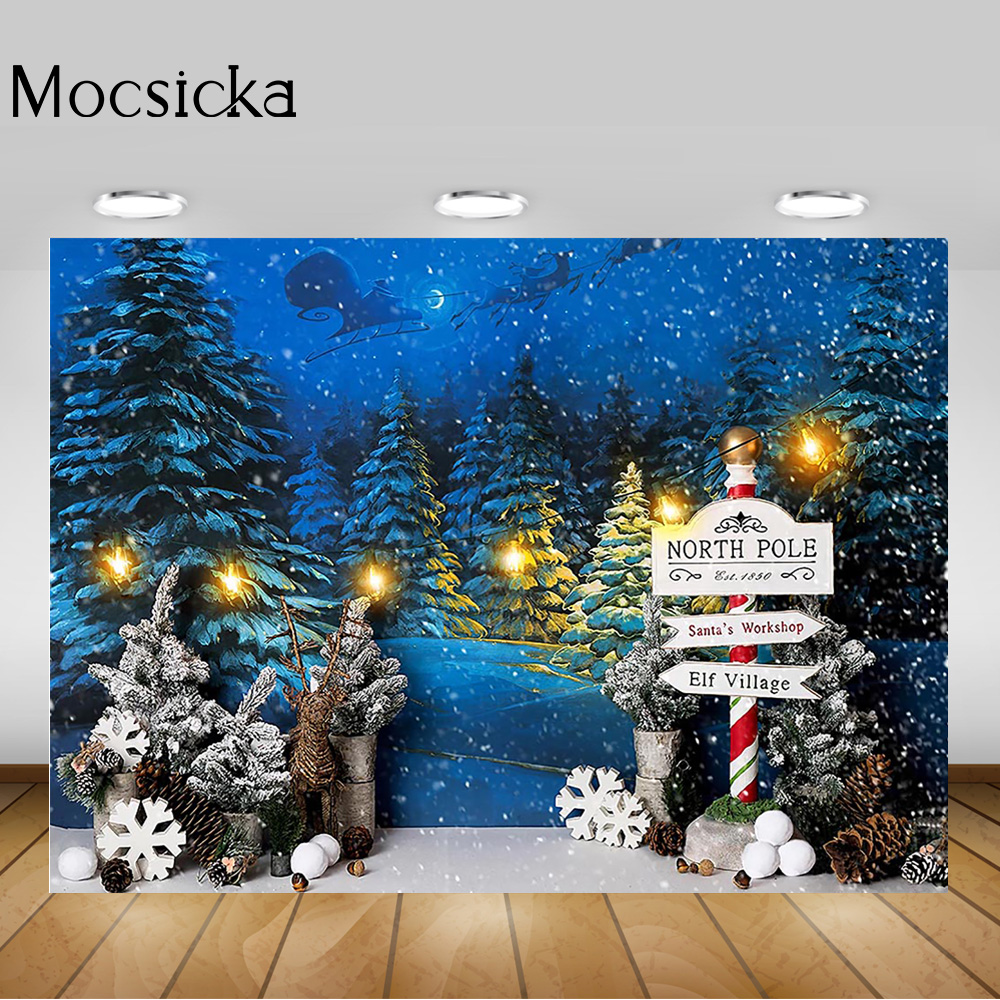 Christmas Snow Night Photography Backdrop Xmas Winter Birthday Photo Background Pine Dreamy Santa Sleigh Light Photocall Props
