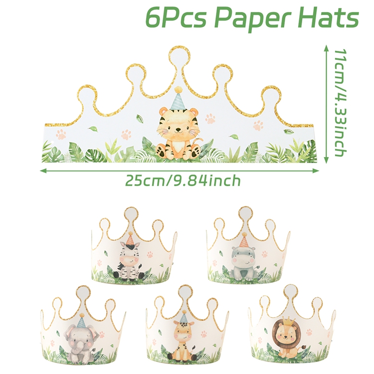 6pcs Cartoon Jungle Animal Party Paper Caps Crown Party Hats For Kids Wild One Birthday Party Woodland Baby Shower Supplies: Default Title