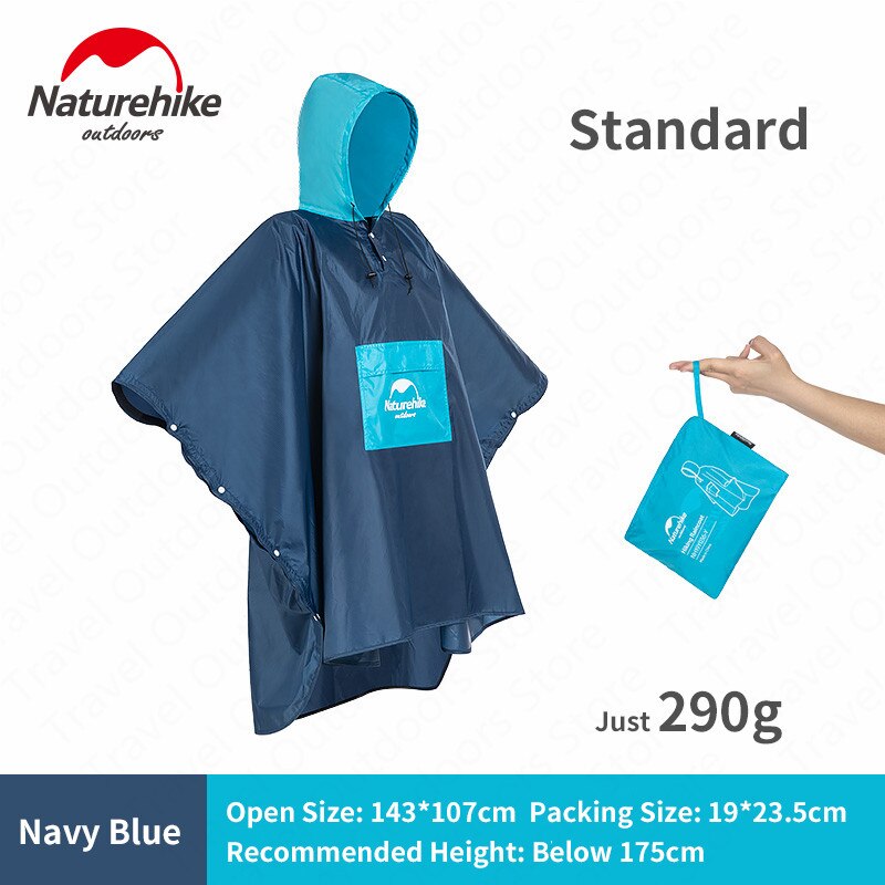 Naturehike Outdoor Hiking Poncho Portable Raincoat Ultraight Rainproof Windproof Climbing Poncho With Backpack Rain Cover: Navy Blue-M