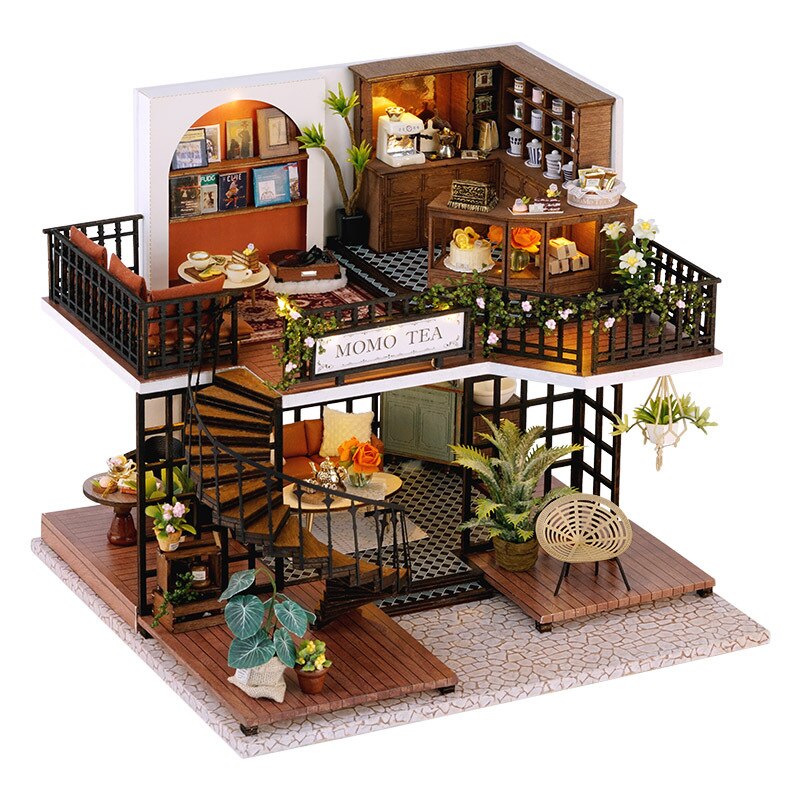 Handgemaakte Houten Poppenhuis Kit Miniatuur Met Meubels Lichten Bos Thee Koffie Winkel Casa Diy Villa Poppenhuis Speelgoed Volwassenen: Default Title