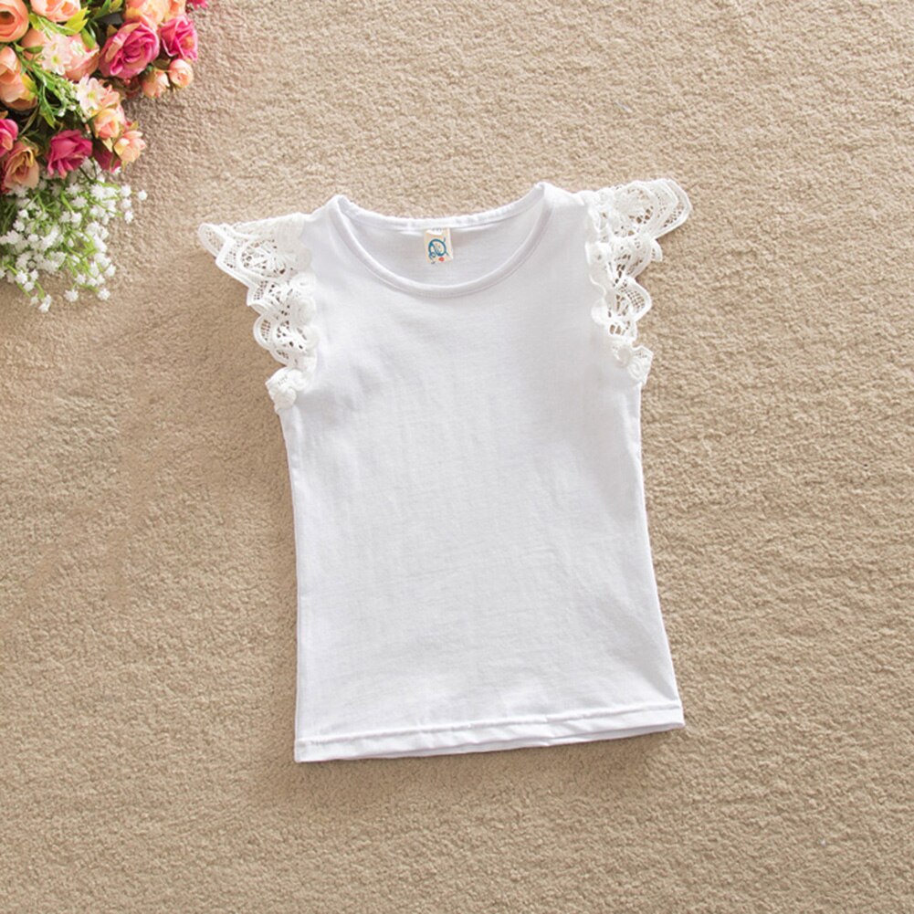 verano infantil niños algodón camiseta bebé niñas princesa sin mangas sólido cuello redondo encaje manga Tops: Blanco / 6 meses