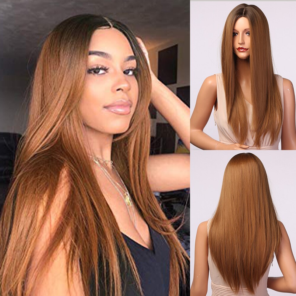 Long Synthetic Straight Wigs Ombre Brown Ash Blonde Wigs with Bang for Women Cosplay Lolita Daily Party Heat Resistant