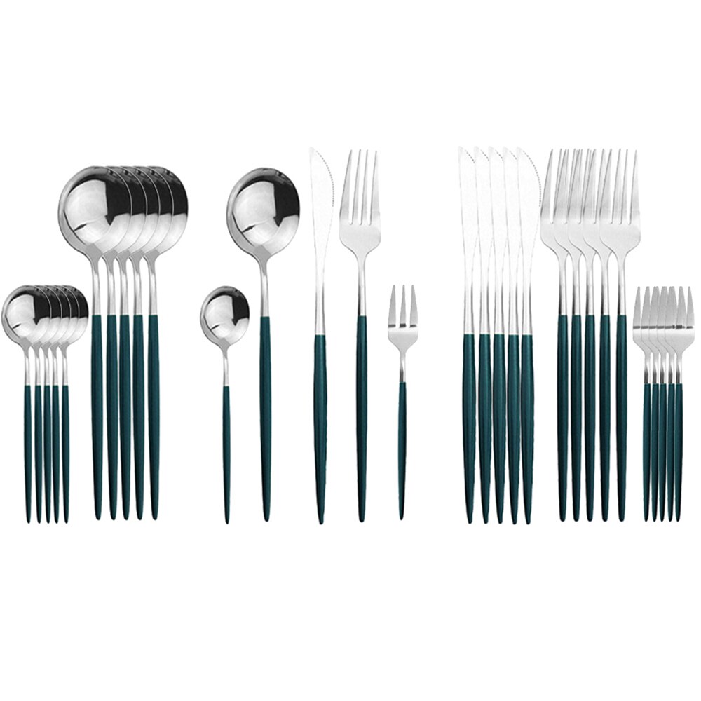 JANKNG – service de vaisselle noire, 30 pièces, fourchette à gâteau aux fruits, couteau en acier inoxydable, argenterie, couverts miroirs, service de table: Green Silver