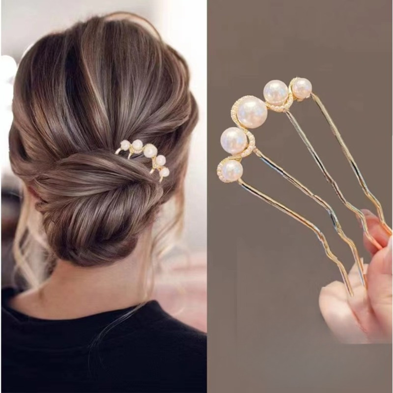 Modieuze U-vormige haarspeld met strass en kunstparels, haarkam van zinklegering voor feesten, en dagelijks gebruik voor meisjes