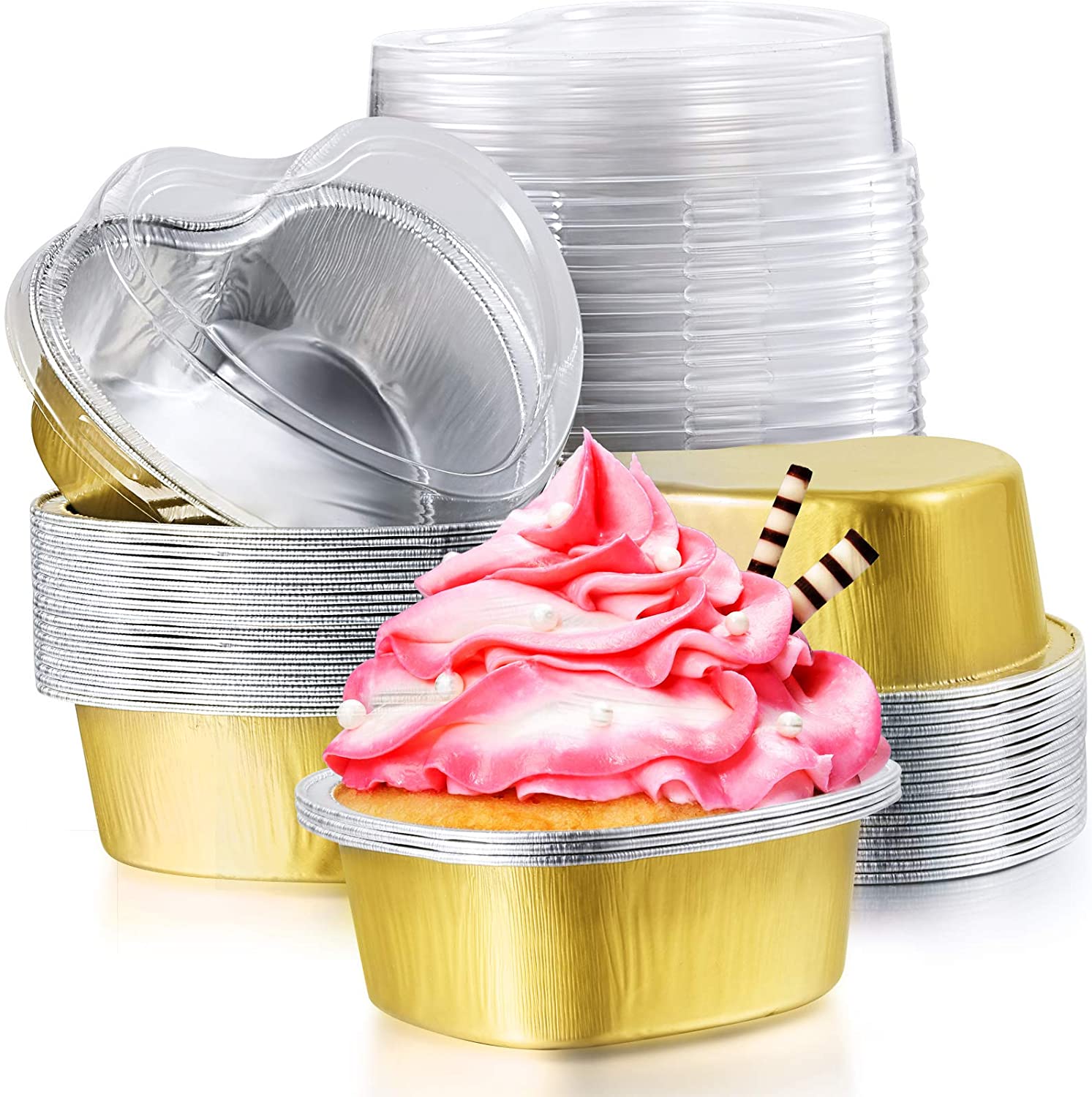 Aluminum Foil Cake Pan Heart Shaped Cupcake Cup with Lids 100 ml/ 3.4 Ounces Disposable Mini Cupcake Cup Flan Baking Cups for Va: golden