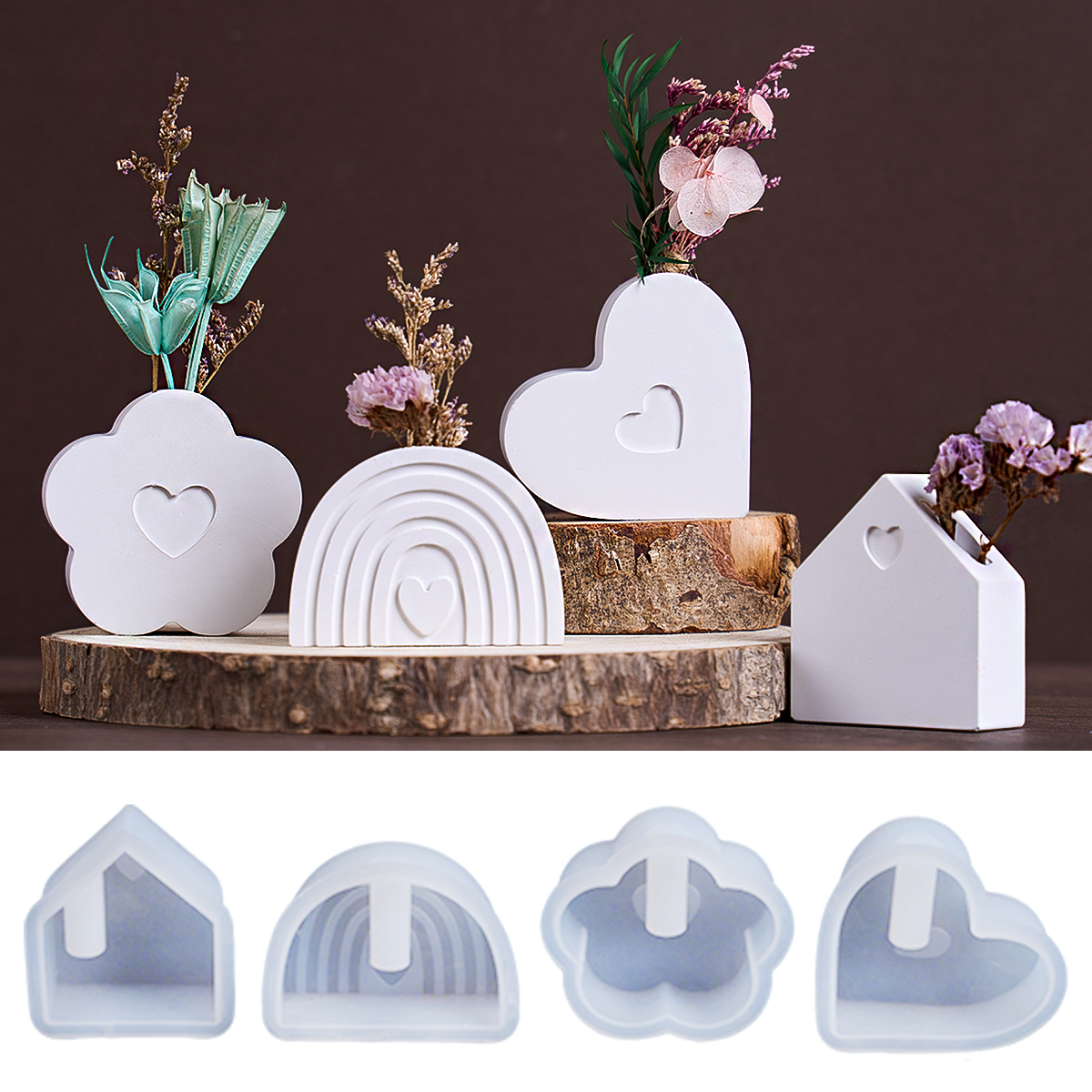 Jarrón de inserción, adorno de yeso, molde de silicona DIY, casa pequeña, corazón de arcoíris, flor, macetas, molde para manualidades de yeso, decoración del hogar