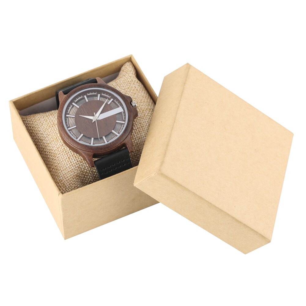 Ebony wood ur herre gennemsigtig hul urskive træure analogt ur vintage quartz armbåndsur reloj de madera: Kaffe med kasse