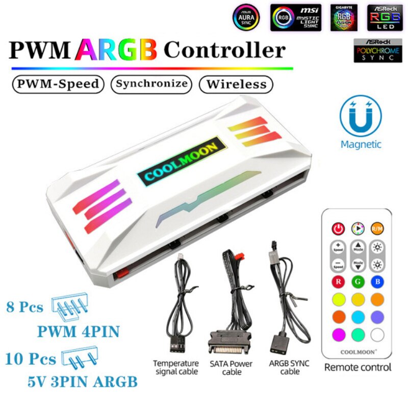 Novo P-ARGB controlador 4pin pwm 5v 3pin argb ventilador de refrigeração inteligente controle remoto chassi ventilador hub para pc caso dissipador calor