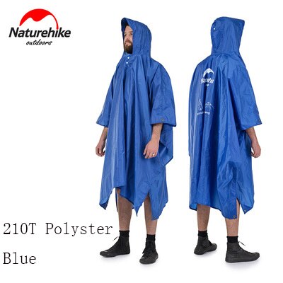 Naturehike 3 in 1 Hooded Rain Poncho Waterproof Raincoat Jacket for Men Women Adults Outdoor Camping Hiking Tent Mat NH17D002-M: 210T Blue