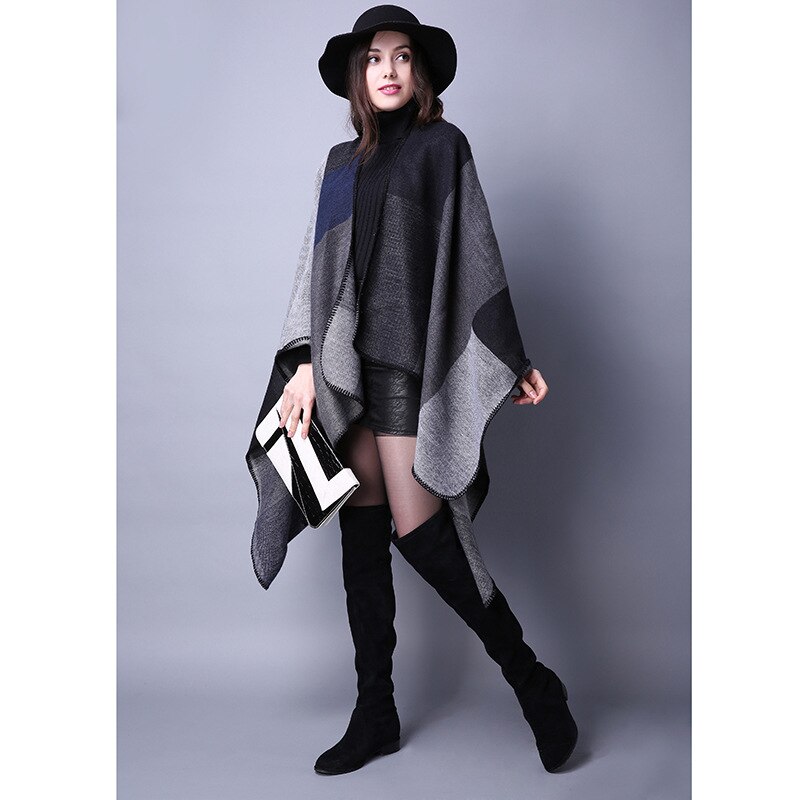 Hiver femmes réversible surdimensionné couverture Plaid pull Poncho Cape châle et enveloppes Cardigans épaissir pashmina écharpe: 4