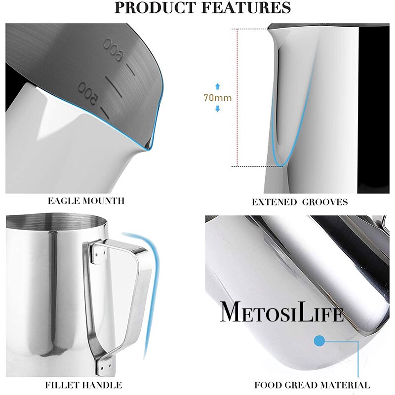 Stainless Steel Milk Frothing Pitcher Jug Espresso Steaming Pitcher with Scale for Cappuccinos &amp; Latte Art