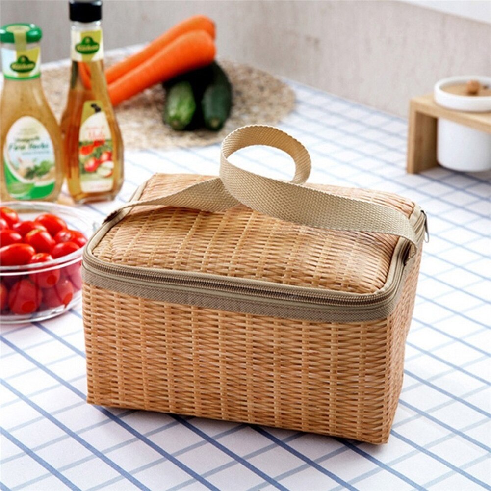 Buiten Draagbare Camping Picknick Zakken Imitatie Rotan Picknick Bag Geïsoleerde Thermische Koeler Mand Lunch Opbergdoos