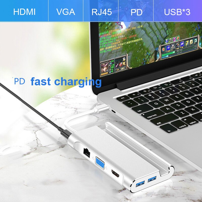 Type C Hub vers Hdmi Dock intelligent PD type-c 1000Mbps USB3.0 VGA HDMI 4K * 2K HD pour Macbook Pro Samsung S910 Huawei Mate20 Pro