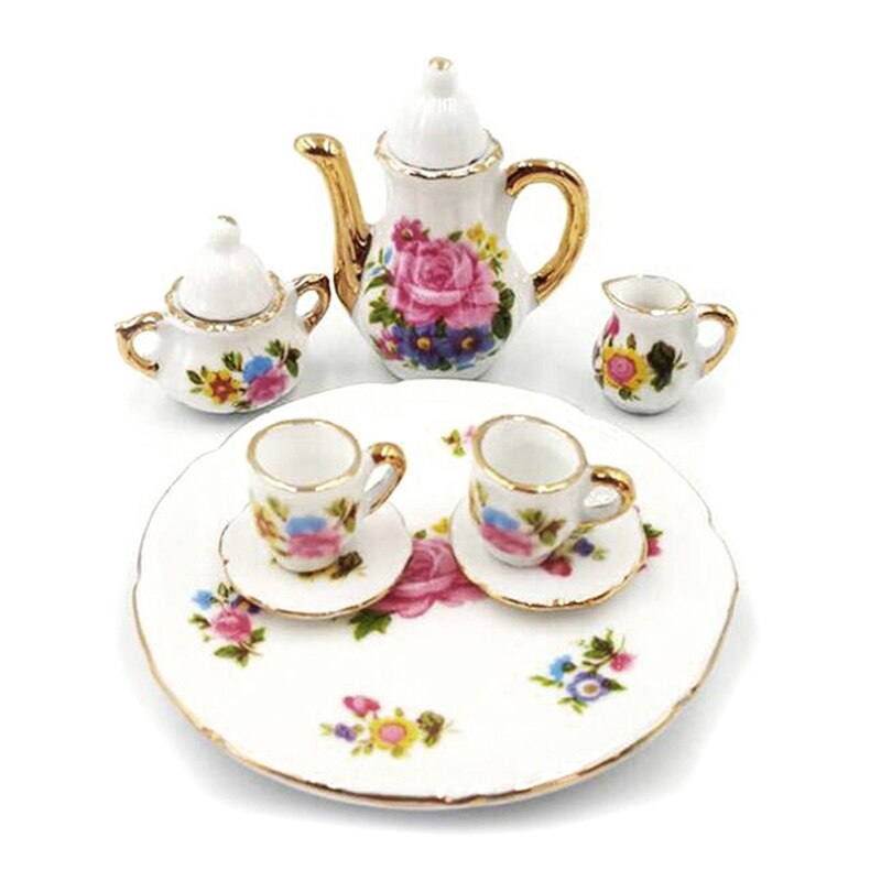 8 Pcs Dollhouse Porseleinen Theeservies Schotel Cup Plate-Roze Roos Miniature Eetkamer Ware