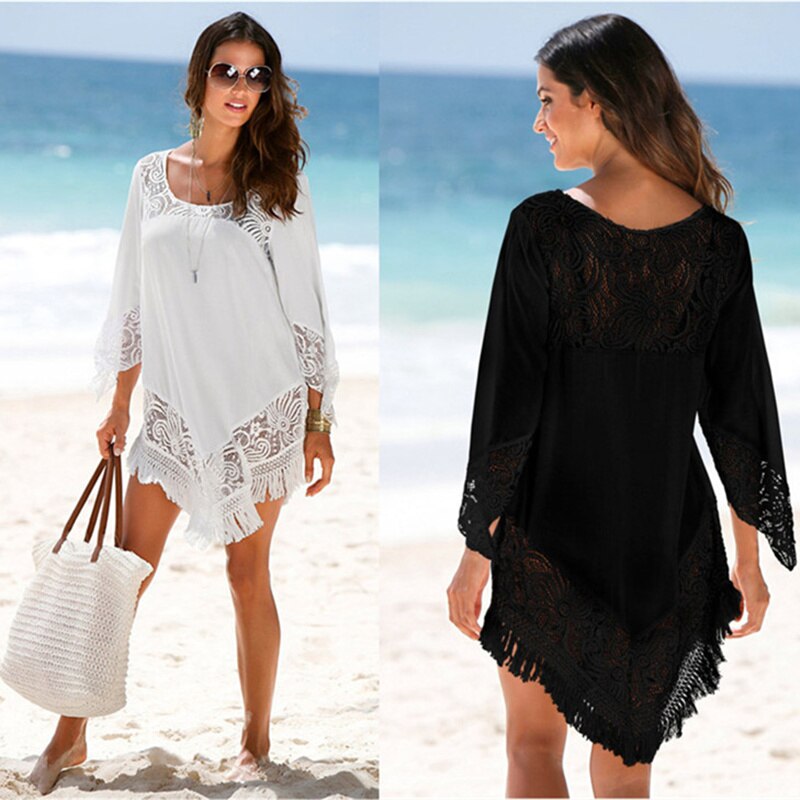 NODELAY Vrouwen Bikini Cover Up Kwasten Trim Strand Tuniek Jurk Wit Kant Splitsen Badmode Cover-Ups Anti-Uv kaftan Robe