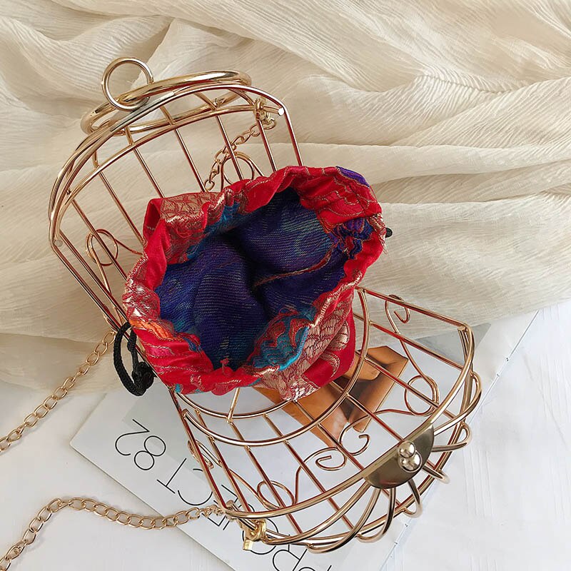 Delle donne Birdcage Da Sera Pochette In Metallo Telaio da Ricamo Secchio Gabbia di Uccello Mini del partito Della Borsa Catena dell'oro Della Borsa FTB172
