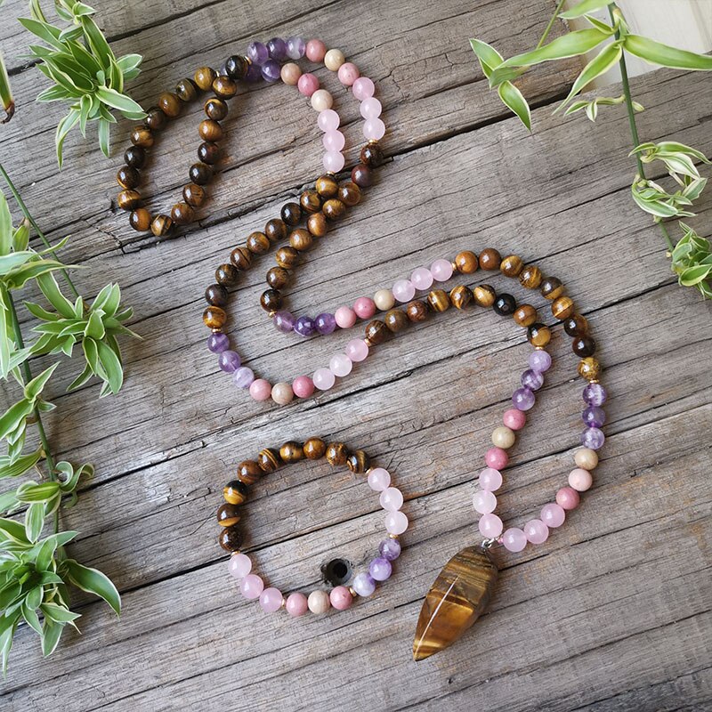 8mm Natural Stone Beads,Tigers Eye Pendant Necklace,Amethyst,Charming Bracelet,Spiritual Power Jewelry,108 Mala Beads: Red-brown