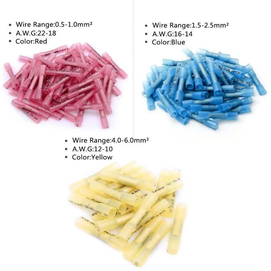 Connecteurs thermorétractables 10-22 AWG, connecteurs à sertir étanches pour câbles, connecteurs bout à bout, jeu de connecteurs à souder, 200 pièces