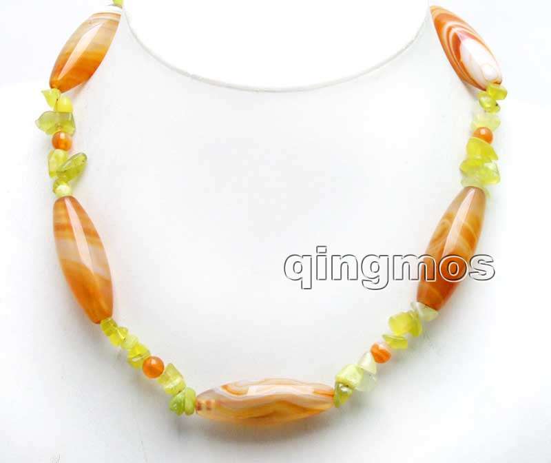 10*42mm Red stripe Olivary shape stone and 7-8mm Green baroque Peridot 17'' necklace-nec5979 /retail