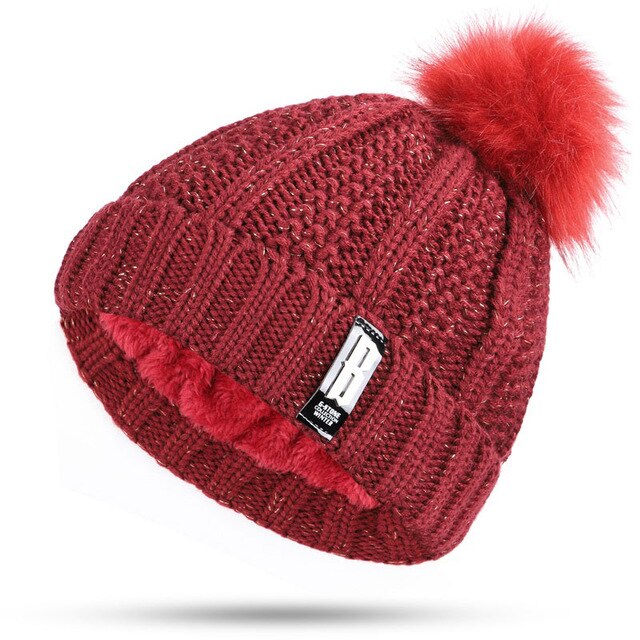 Dikke voering plus fluwelen winter dames pompon gebreide muts ring sjaal sets dames merk mutsen mutsen warme dames ring sjaal: Wijn -2