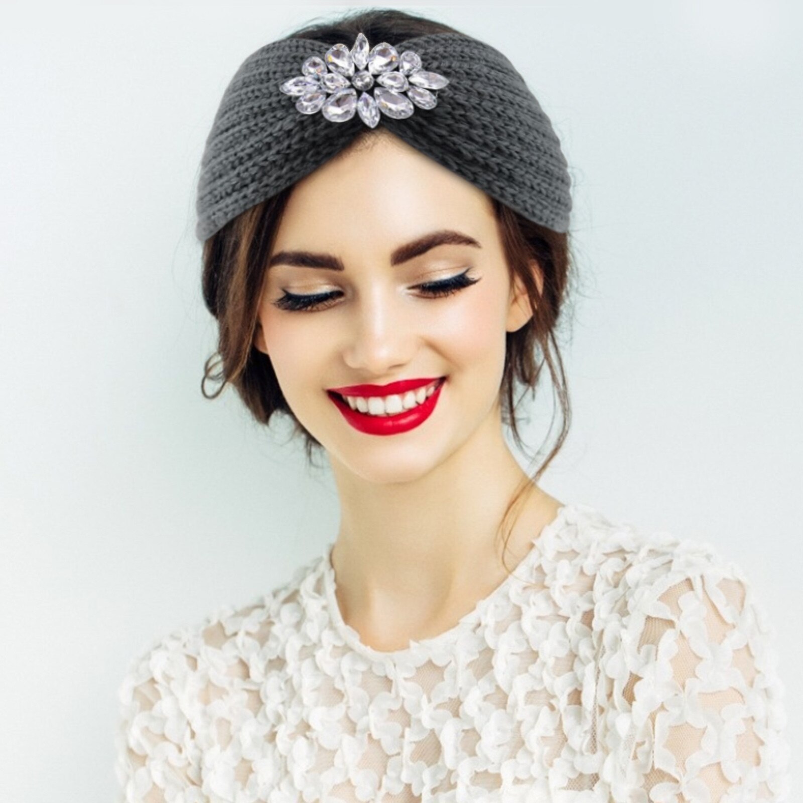 25 # turbante cinta ancha para el pelo para mujer, diadema tejida con diamantes de agua, envoltura para la cabeza de invierno, accesorios elásticos, tocados de Color sólido: C