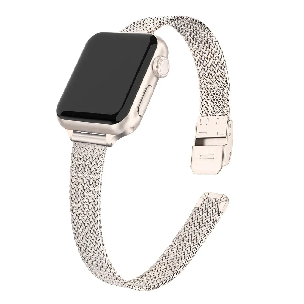Slanke armband metalen band voor Apple Watch 9 8 7 6 SE 5 4 3 41 45 49MM Ultra roestvrijstalen Milanese band voor iwatch 10 42 46MM: 25mm / WHITE