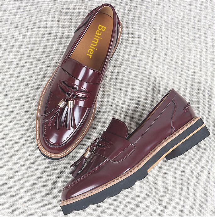 Chaussures de tennis en cuir à Double pompon, chaussures de styliste, semelles de tennis plates, mocassins de Derby pour rue, assorties à tout Bullock, collection: Wine Red / 6