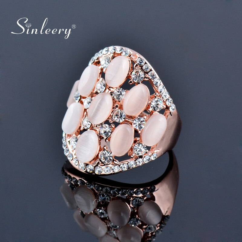 SINLEERY Vintage Opal Rhinestone Hollow Big Wide Rings For Women Jewelry Rose Gold Color JZ197 SSF