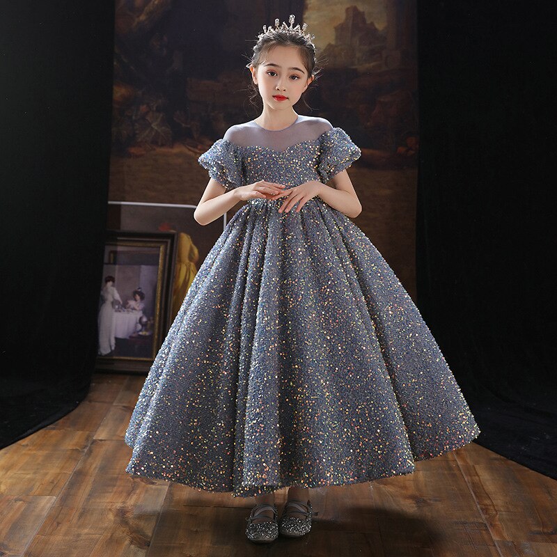 Children's Costume Teenager Prom Ball Gown Princess Sparkly Exquisite Sequins Dress Summer Wedding Birthday Party Dress