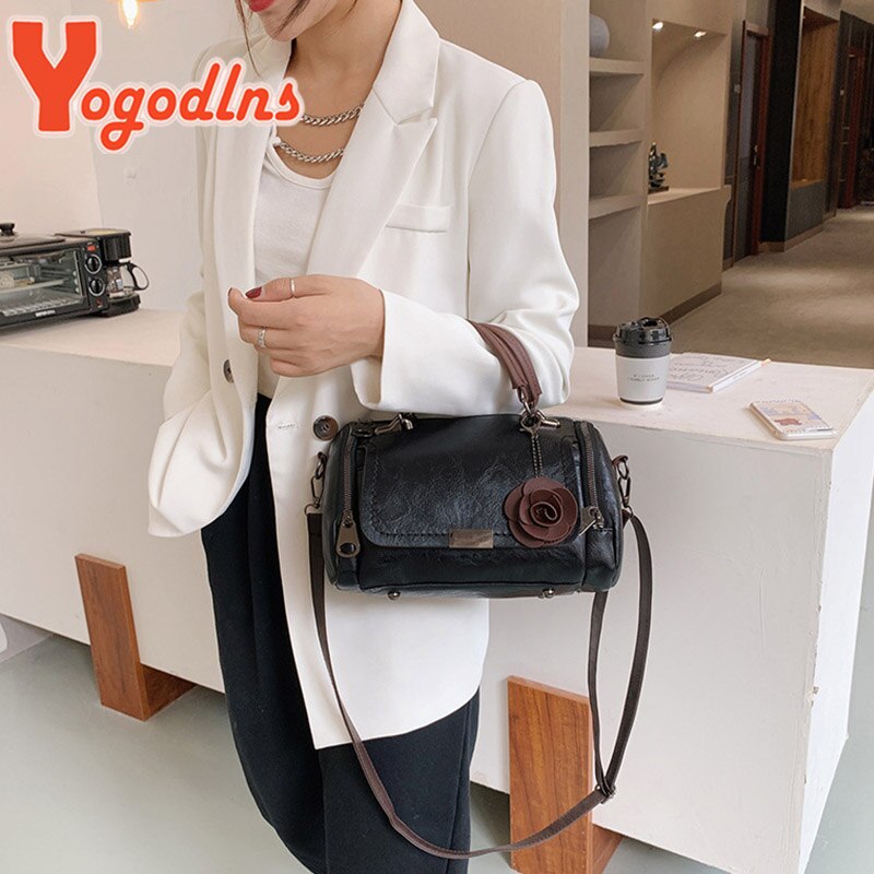 Yogodlns 2022 flowers Pendant Handbag Women&#39;s Boston bags single shoulder bag ladies crossbody bag PU messenger bag