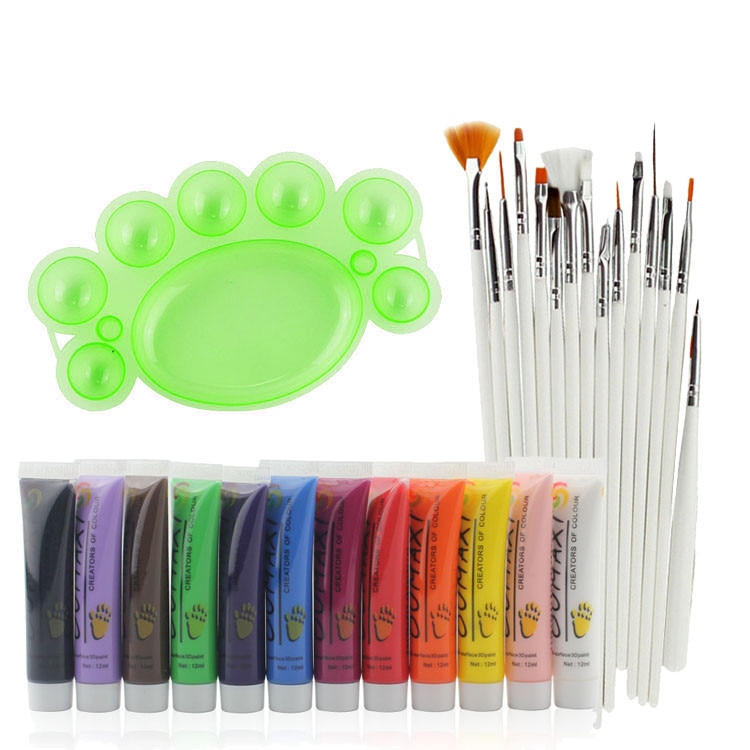 12 kleuren acryl nail art pigment palet met 15 penselen, 28 stuks nail art display palet, manicure tools: 01