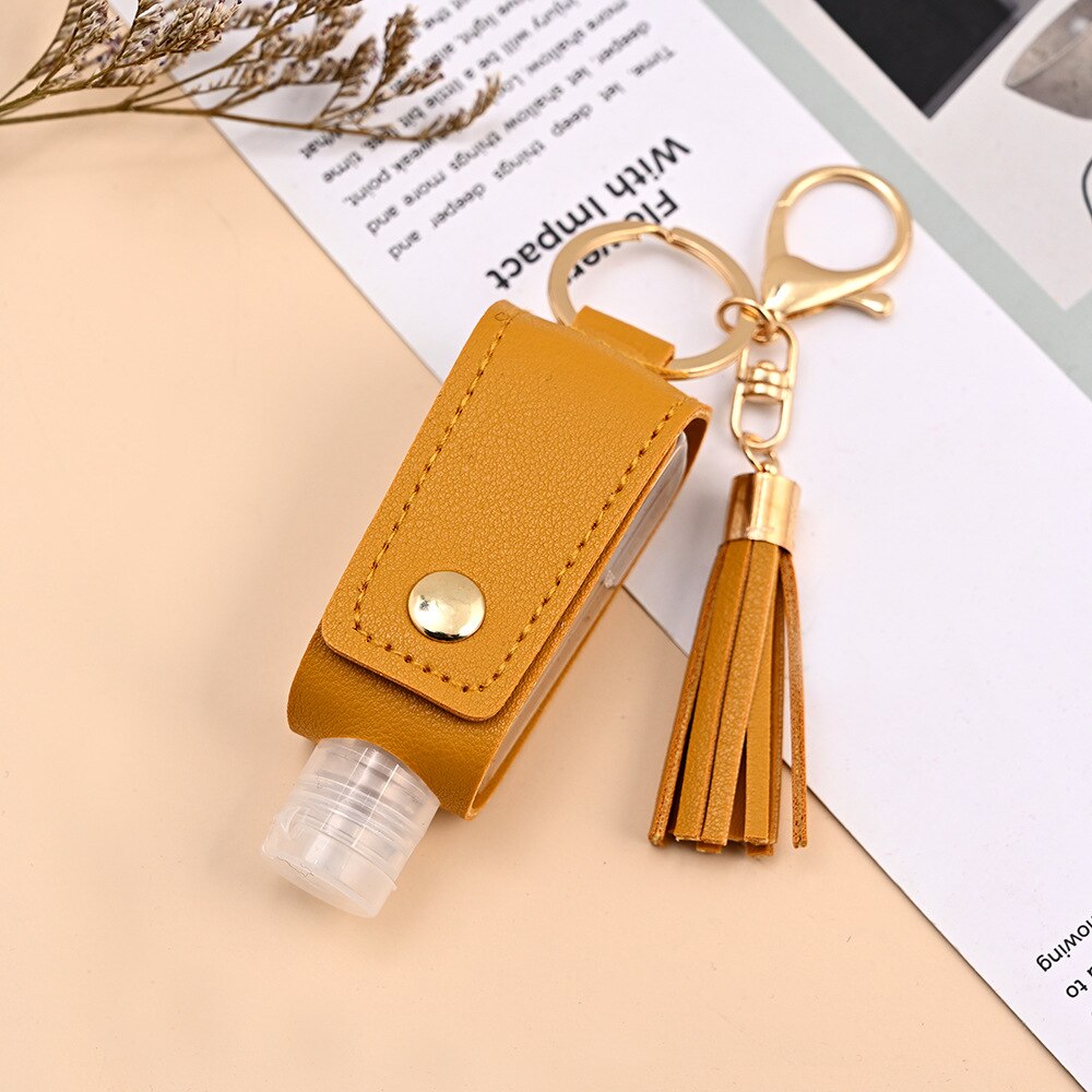 Mini bouteille de Gel hydroalcoolique Portable 30ml, étui de désinfectant pour les mains, étui en cuir, porte-clés de santé: YELLOW