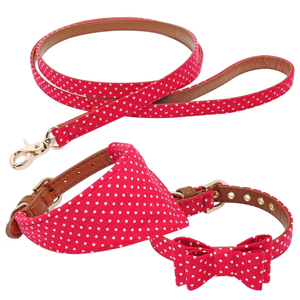 Hond Kat Bandana Kraag Hond Wandelen Leash Leuke Polka Dot Strik Lederen Halsbanden Leash Set Voor Kleine Middelgrote Honden dierbenodigdheden: Rood / S