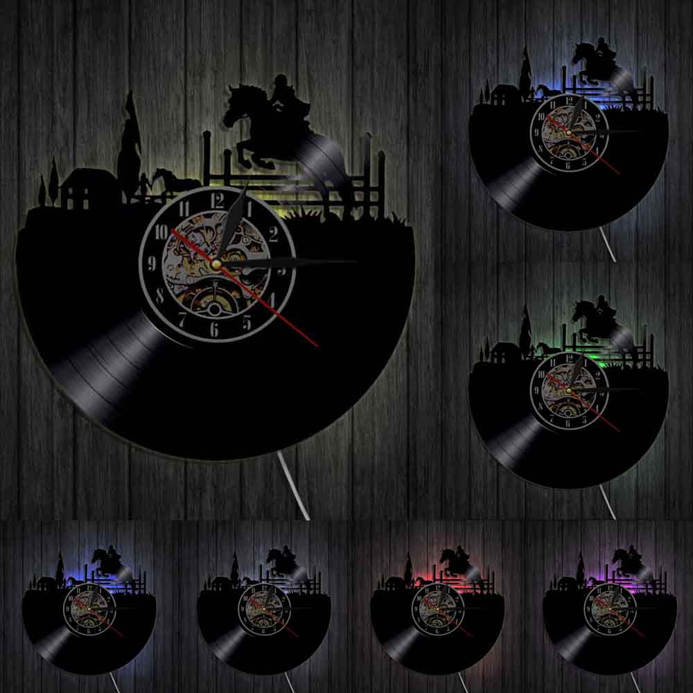 Decoración ecuestre de pared para montar a caballo, lámpara de pared de disco de vinilo Vintage, reloj LED luminoso de salto de caballo, reloj colgante de pared silencioso: With Led