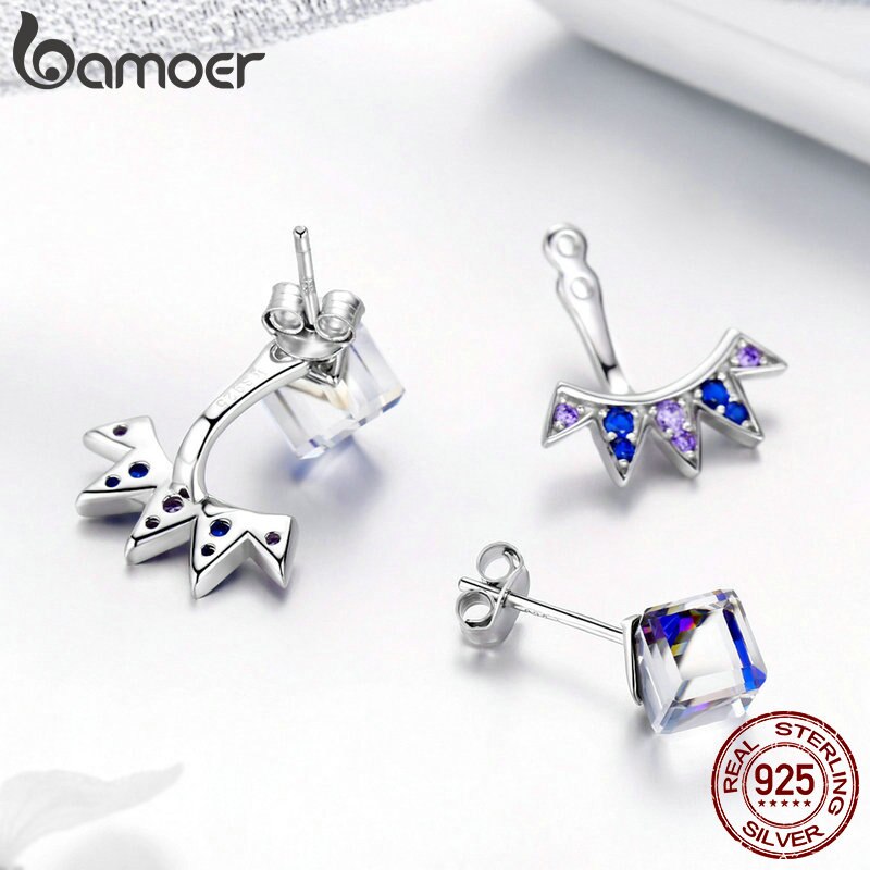 BAMOER Authentieke 925 Sterling Silver Blue Vierkante Geometrische Prachtige Stud Oorbellen Vrouwen Vintage Zilveren Sieraden SCE544