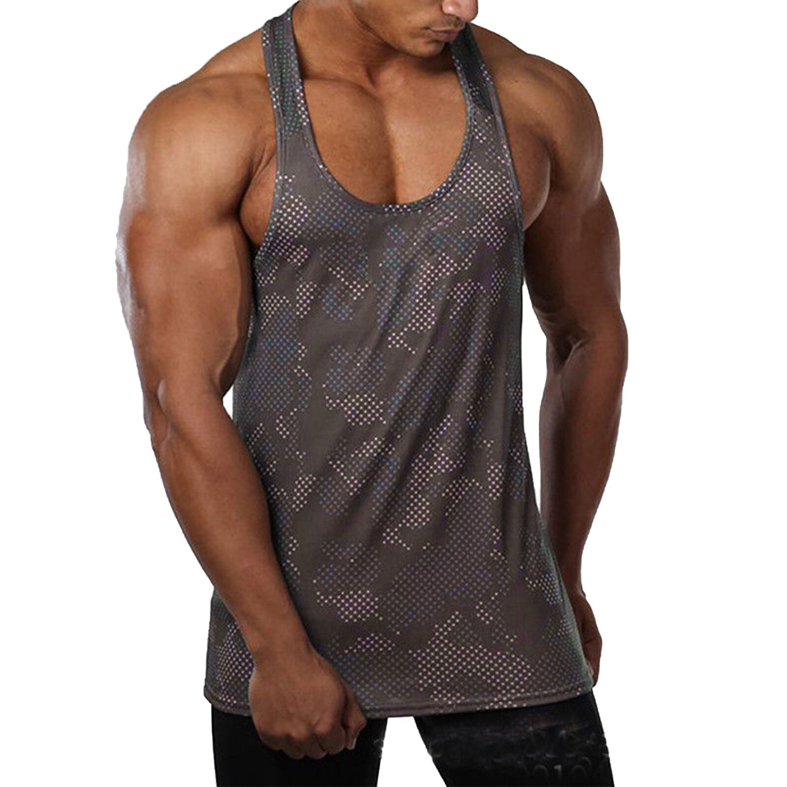 Gimnasio hombres sin mangas camiseta Tank Top camisas estampado de de algodón de culturismo Fitness entrenamiento chaleco camiseta interior Fitness: Marrón / L