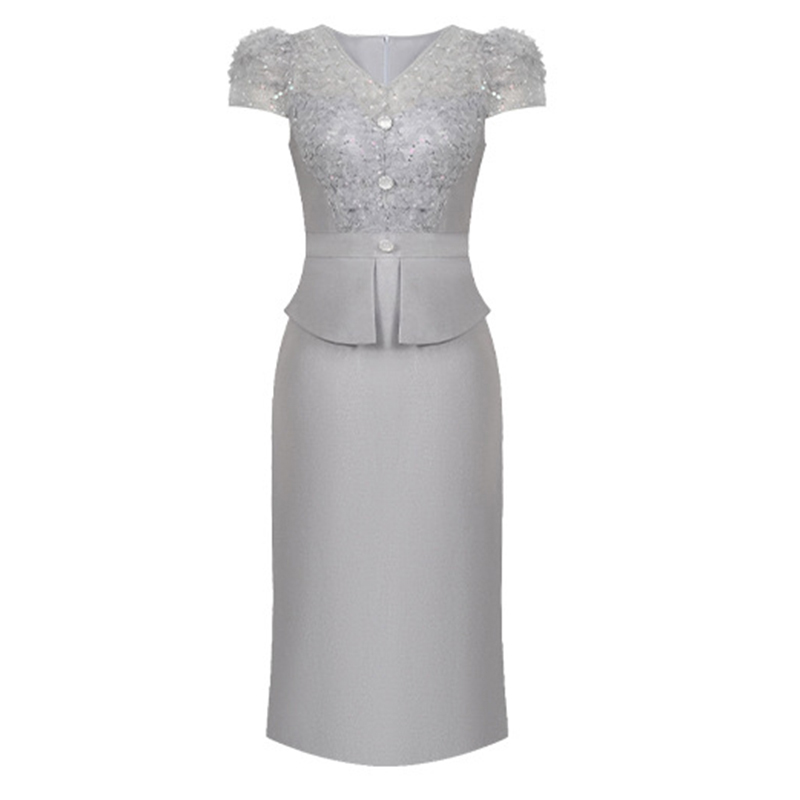 Formel kjole dametøj sød chic blonder splejset satin korte ærmer flæser kåbe fest fødselsdag vestidos mujer: M / Grå
