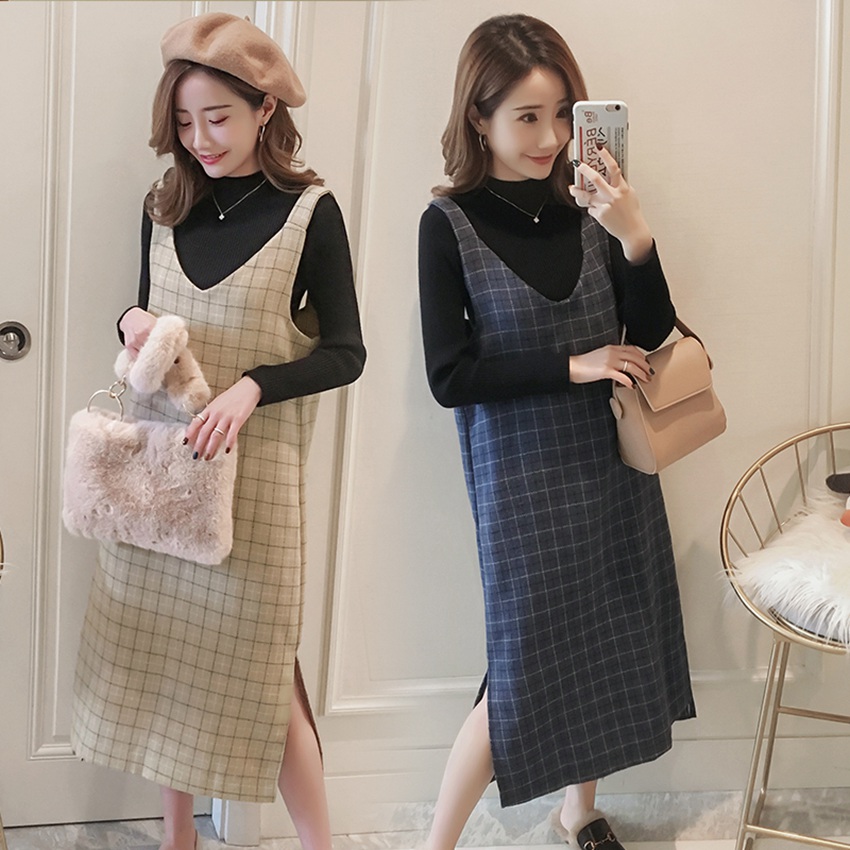Maternity wear autumn and winter plaid dress stand collar sweater two-piece Korean pregnancy suit
