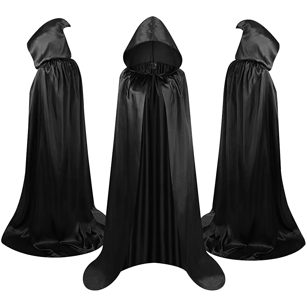 Halloween Cloak Soft Unisex Hooded Black Robe Witch Long Cape Cosplay Costume Prop Party Performance Supplies Decoration