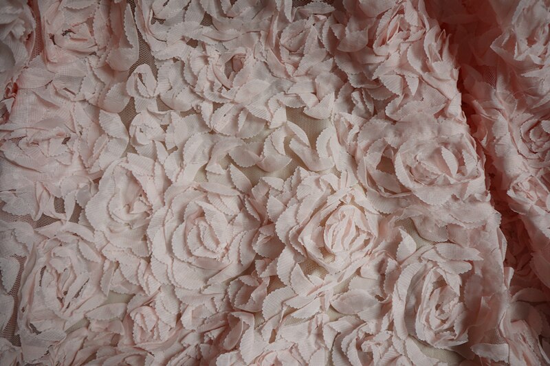 1 yard 3D chiffon rosette lace fabric, light pink color 3D rose pleated ruffled lace fabric for bridal wedding dress