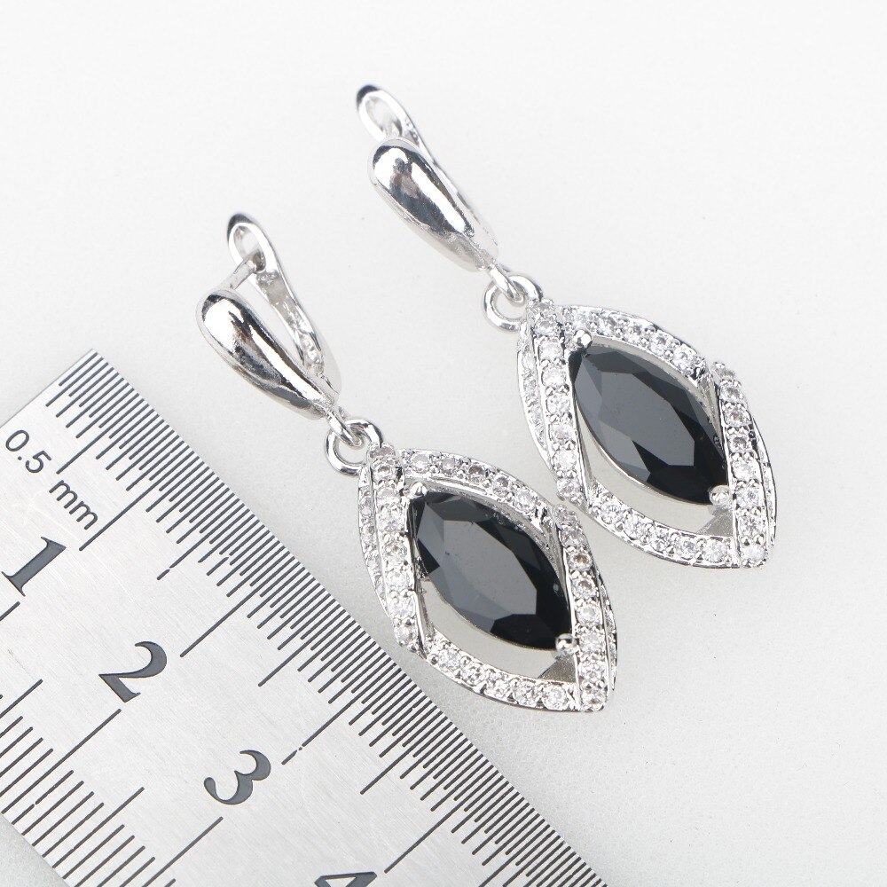 Black Stones White Cubic Zircon 925 Sterling Silver Bridal Jewelry Sets For Women Earrings/Pendant/Necklace/Rings