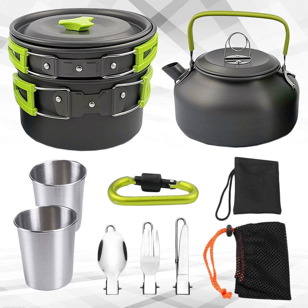 Batterie de cuisine de camping, 10 ustensiles pour 2 à 3 personnes