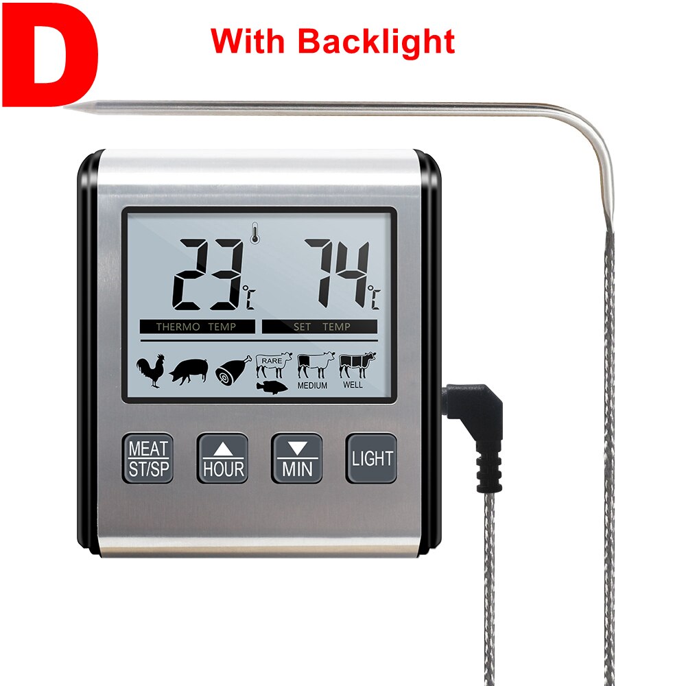 Digitalt ovntermometer kødkøkken bbq madlavning madtemperaturtester timerfunktion for med sonde i rustfrit stål: D