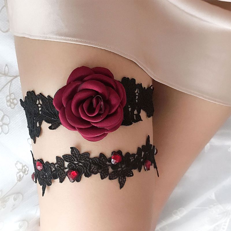 2 stk / sæt kvinder brud lårringe klæde rose blomst blonder broderi rhinestone udsmykning brudekjole ben strømpebånd elastisk
